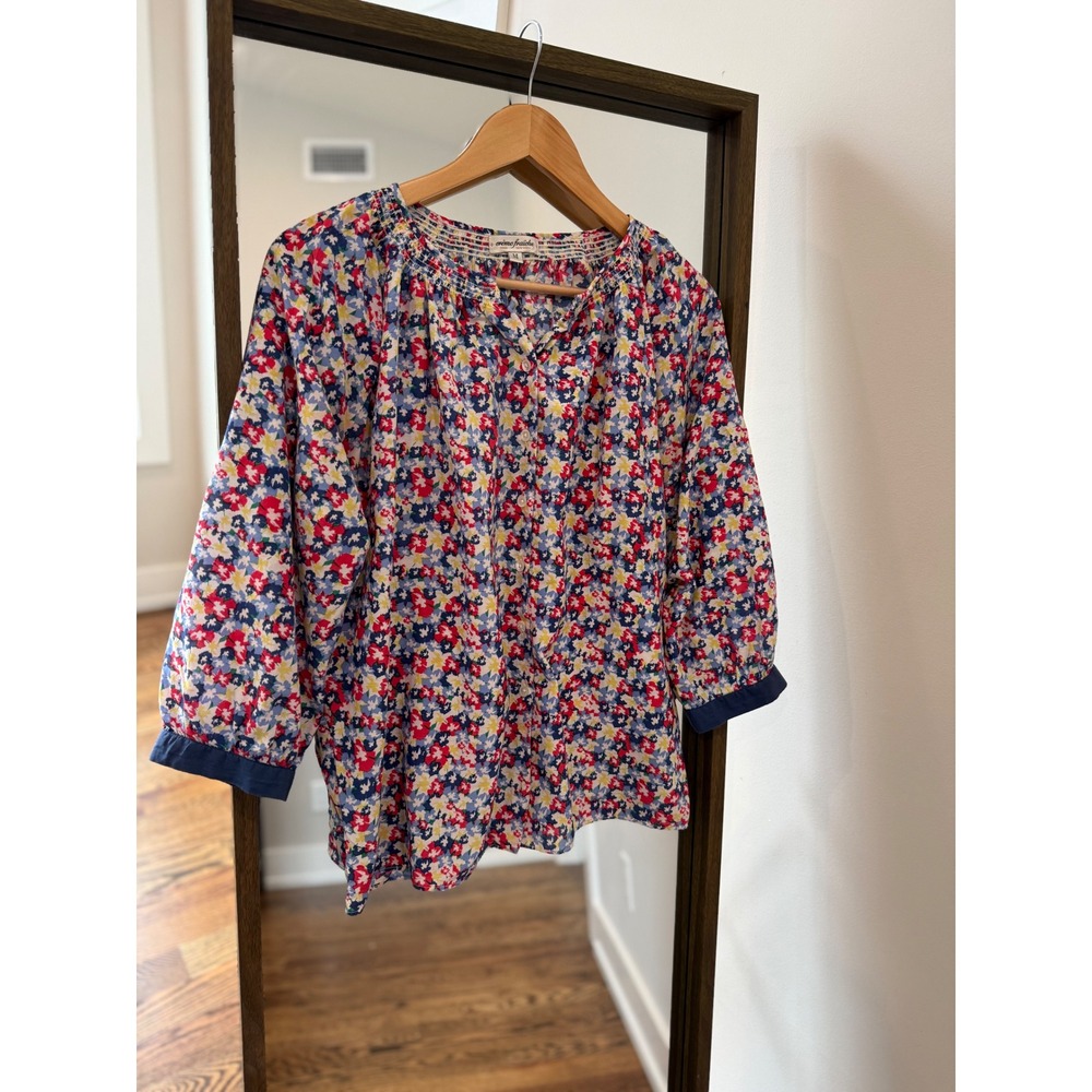Creme Fraiche Silk Cotton Floral Smocked Blouse Red Blue Yellow Womens Medium